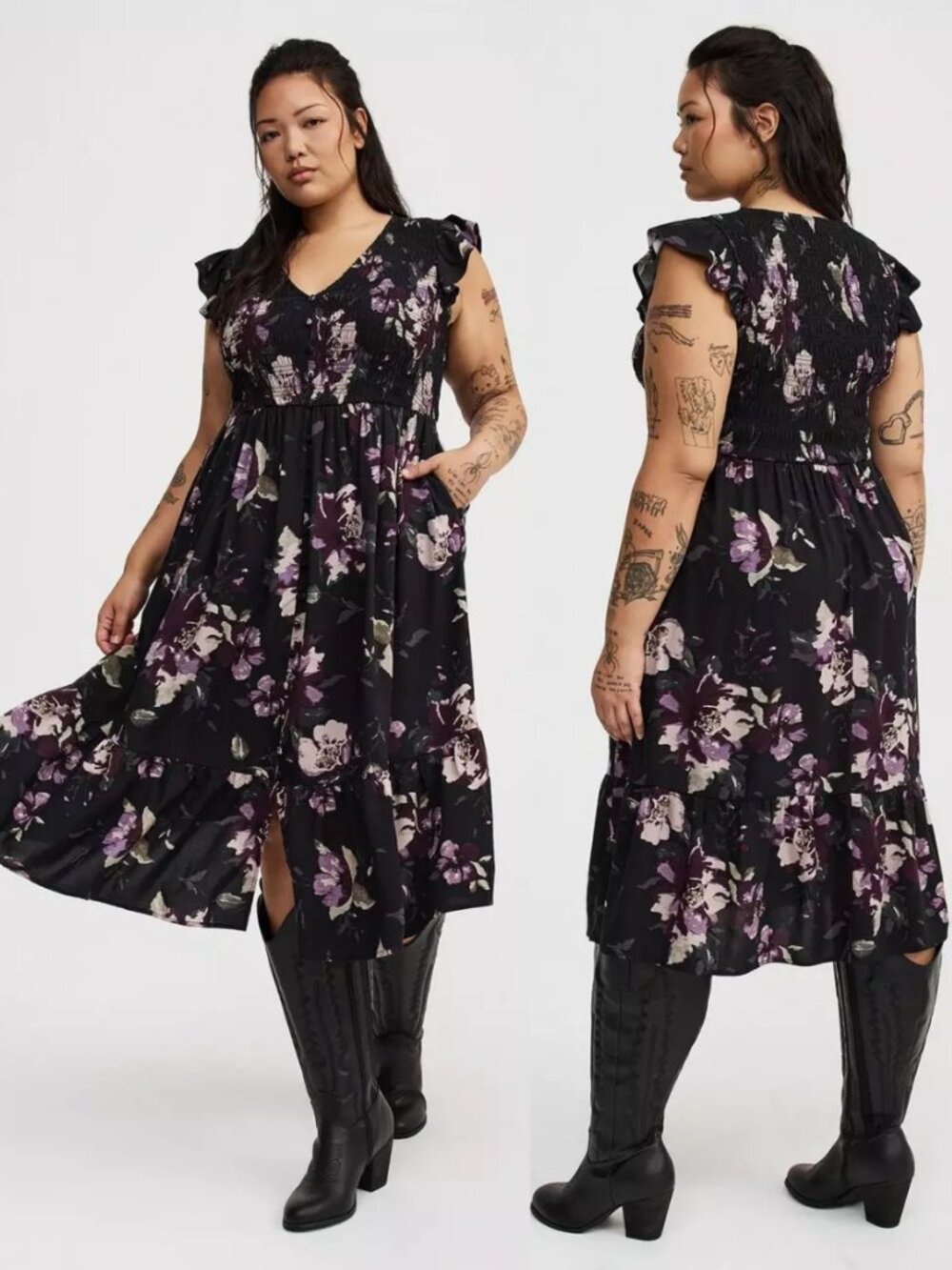 Torrid 0 Black Floral Smocked Midi Ruffle-Sleeve Tiered Dress L 12